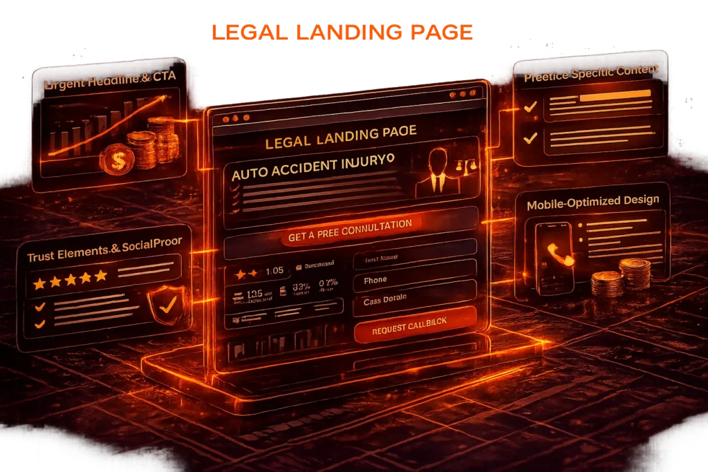 3D legal landing page design for law firm lead generation with form and CTA
