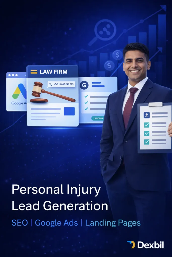 Illustration showing personal injury lead generation for law firms with Google Ads, landing page elements, and growth analytics in Dexbil’s blue theme