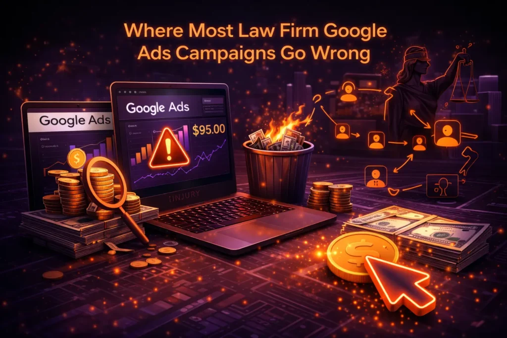 Illustration showing common law firm Google Ads campaign mistakes, wasted ad spend, weak leads, and poor PPC performance in Dexbil’s dark theme
